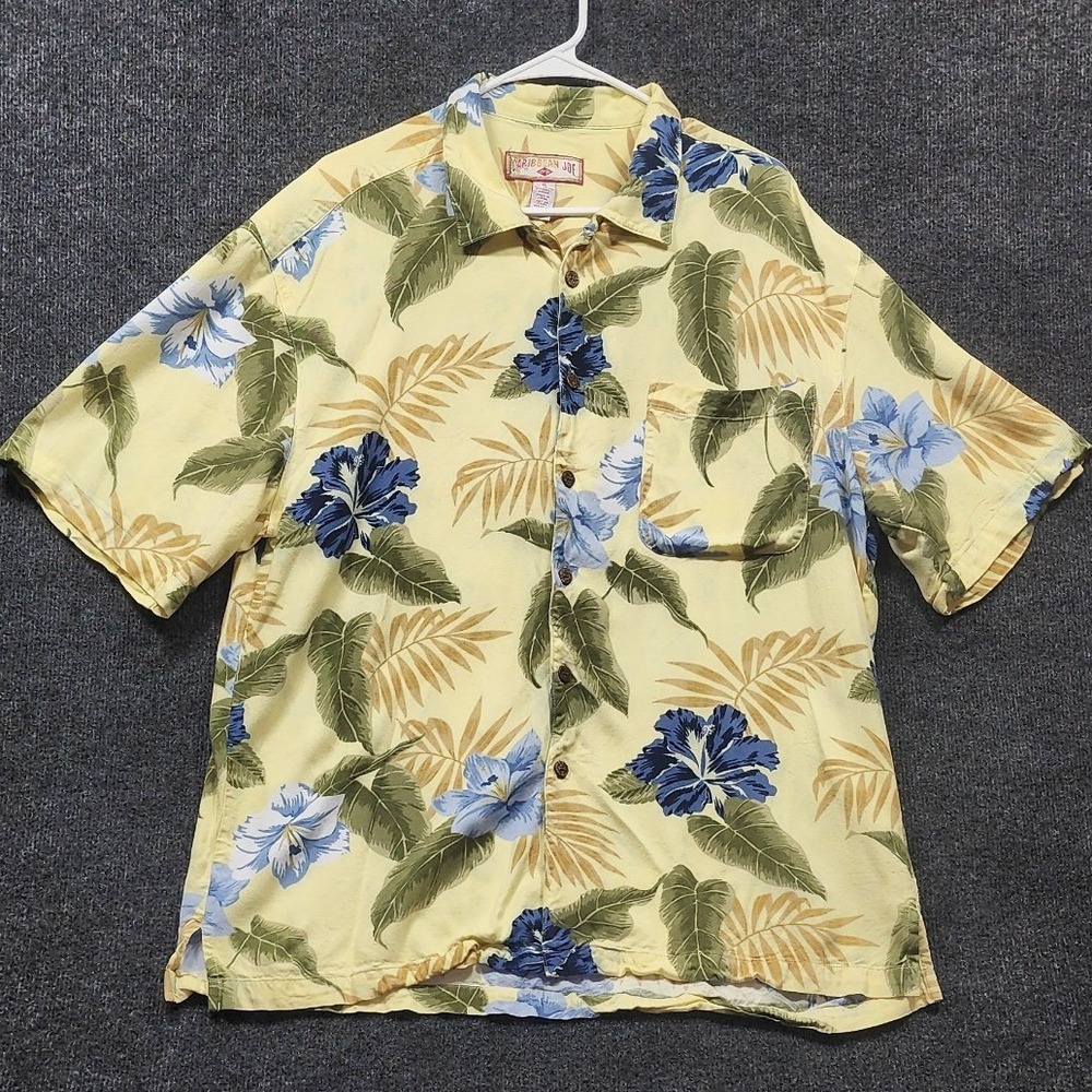 Caribbean Joe Hawaiian Shirt Mens XL Yellow Excellent Rayon Floral Hibiscus Camp